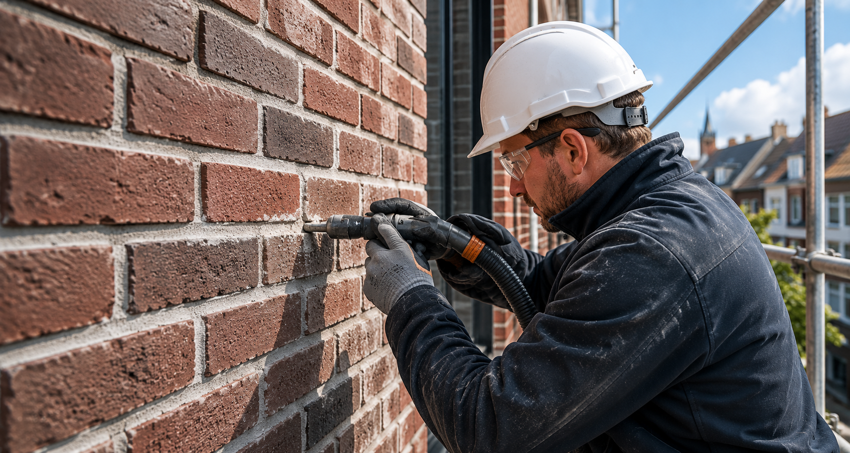 Voeger aan het werk op een bakstenen gevel
